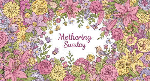 Vibrant floral frame with mothering sunday text colorful flowers and leaves on white background for holiday greeting cards