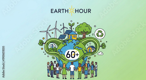 Earth hour illustration with people standing around the globe wind turbines solar panels and eco friendly symbols on a green background