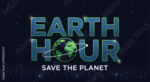Earth hour save the planet awareness campaign logo with globe and text on dark starry background