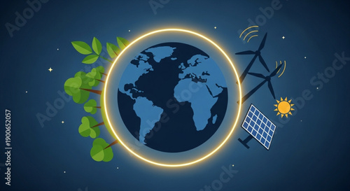 Earth surrounded by eco friendly renewable energy sources and green leaves in space