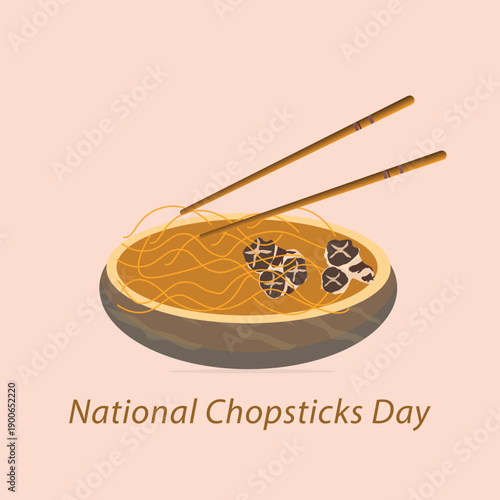 National Chopsticks Day is celebrated every year on February 6th to honor one of the world’s oldest and most widely used eating utensils chopsticks. Noodles and chopsticks vector, illustration.