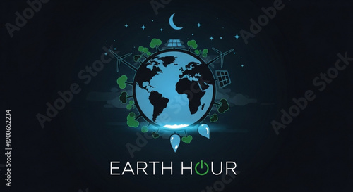 Earth hour logo with globe and green leaves on dark background symbolizing environmental conservation and sustainability