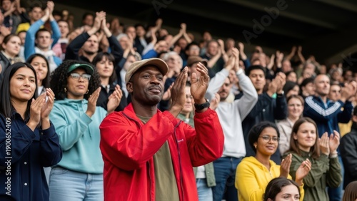 A man in red jacket and hat applauding with a diverse crowd in the stands