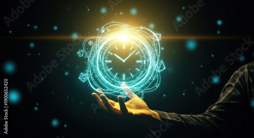 Wallpaper Mural Hand holding futuristic glowing digital clock interface surrounded complex abstract geometric orbits, for advanced time management, scheduling efficiency, technological control, future Torontodigital.ca