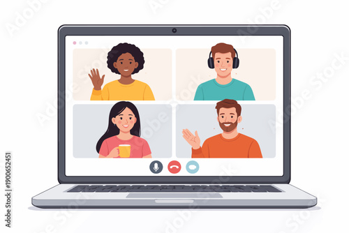 Diverse group video call on laptop screen