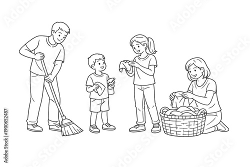 Family chores: caucasian adults and children cleaning and doing laundry together
