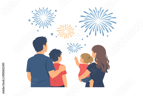 Family watching fireworks at night: artistic illustration of celebration