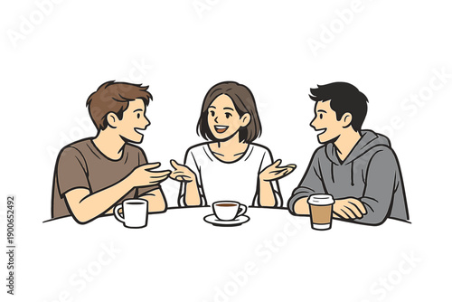 Three young adults conversing over coffee animated illustration