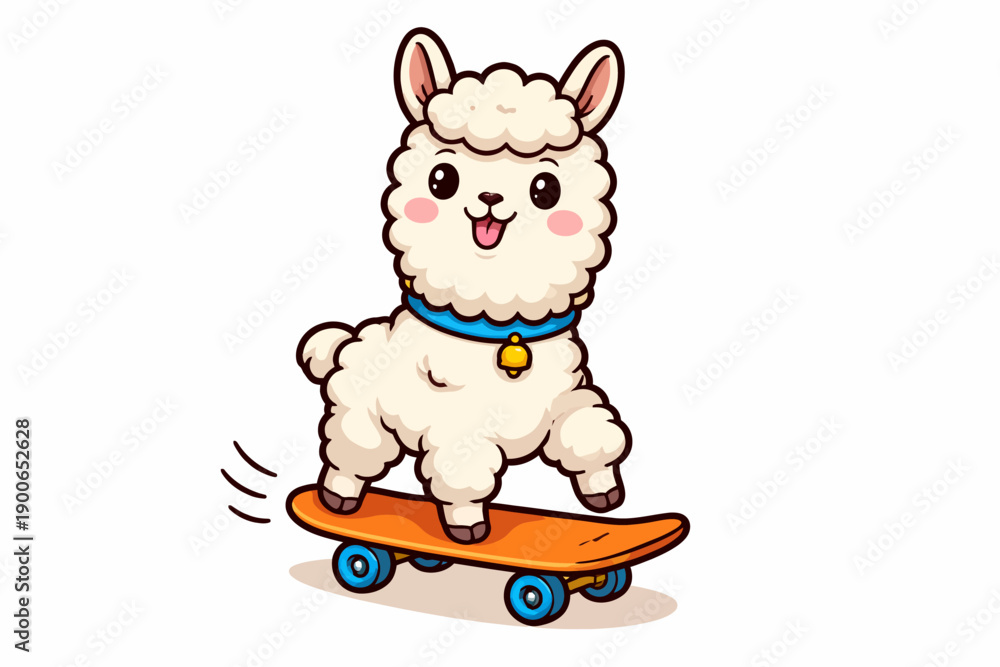 Obraz premium Cute cartoon llama on skateboard with blue collar and bell