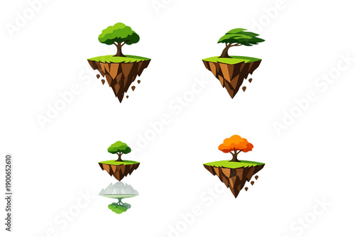 Floating islands with seasonal trees in minimalist style
