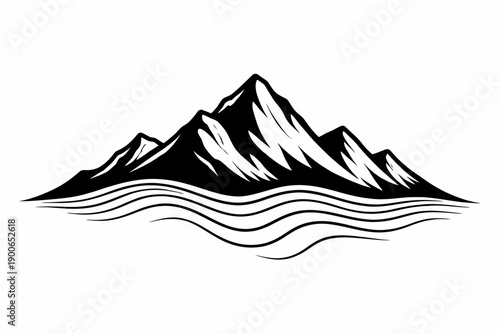 Monochrome mountain peaks with stylized waves design