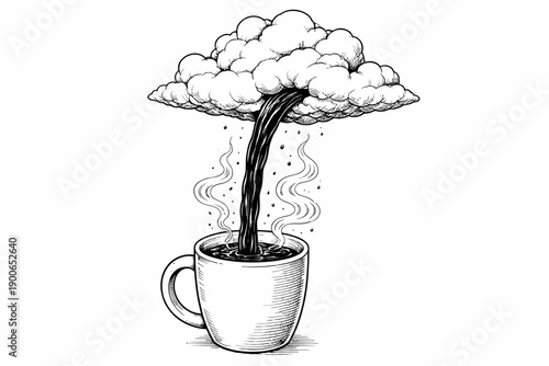 Surreal coffee cup with cloud pouring liquid in black and white art