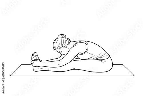 Asian female practicing yoga with forward bend pose on a mat