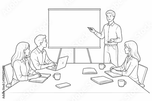 Caucasian professionals in team meeting: male presenter with three young adults in conference room