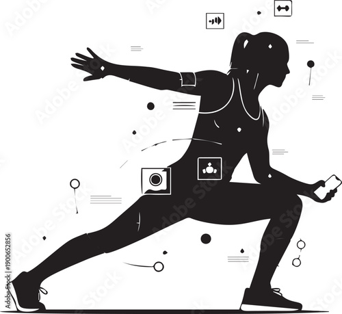 Silhouette of athletic woman exercising with phone and fitness tracker, dynamic pose representing health and technology integration