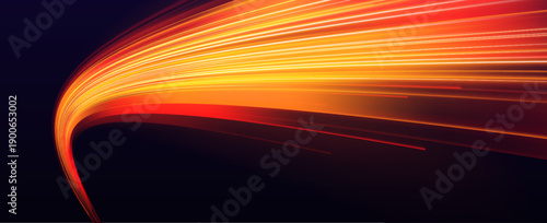 Radiant orange highway beams cut through the darkness with electric warmth and rapid forward momentum. A futuristic concept of velocity and motion vector