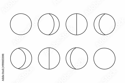 Minimalist black and white circles in various rotations and halves