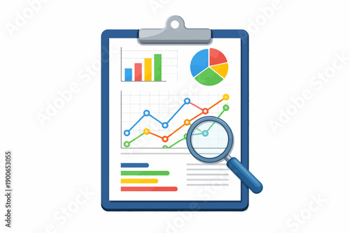 Data analysis chart with magnifying glass on clipboard showing graphs and statistics