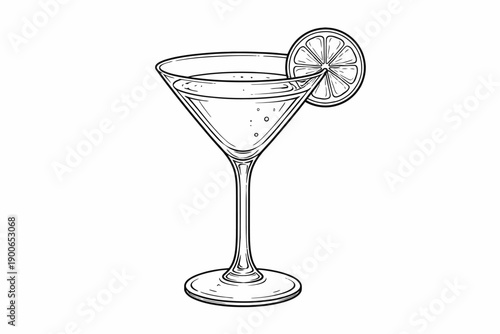 Black and white martini glass with lemon slice in outline style