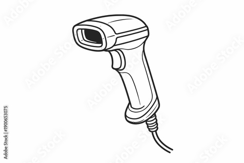 Monochrome line drawing of a wired barcode scanner