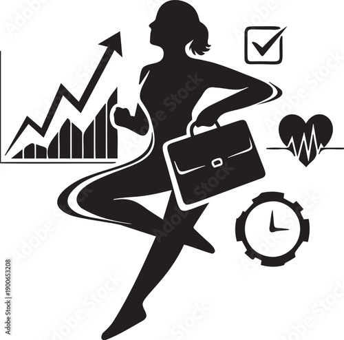 Silhouette woman multitasking career business graph fitness heart clock check mark successful achievements healthy lifestyle