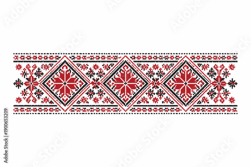 Traditional red and black geometric embroidery pattern with diamond motifs