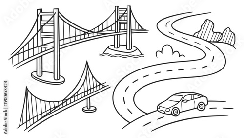 Minimal Line Art Bridge and Road Illustration Set