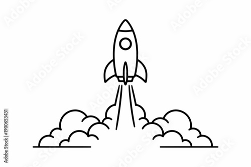 Rocket launch line art with smoke clouds in simple black and white design