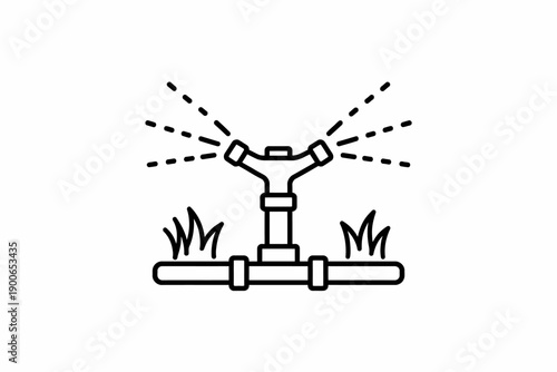 Black and white garden sprinkler icon with watering pipe and grass
