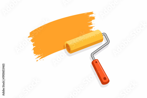 Orange paint roller applying fresh coat of vibrant color on white background