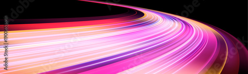 Electric pink light streaks illuminate the road with glowing trails and motion blur. Curved lines convey speed and dynamic energy. Ideal for high-tech or racing visuals vector