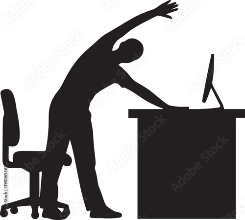 Silhouette of office worker stretching at desk with computer and chair promoting ergonomic health and workplace wellness habits