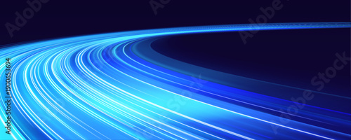 Azure neon speed lane with flowing light waves, sparkling energy streaks and high-tech acceleration effect vector
