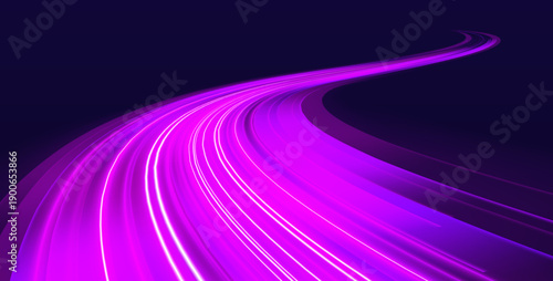 Fuchsia glowing highway with sparkling motion streaks, flowing neon curves and futuristic acceleration concept vector
