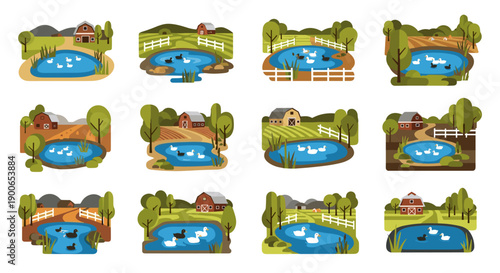 Set of flat design farm pond landscapes with ducks and barns