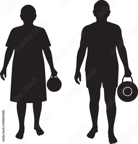 Silhouettes of man and woman holding weights, fitness, strength training, workout, active lifestyle, exercise, bodybuilding