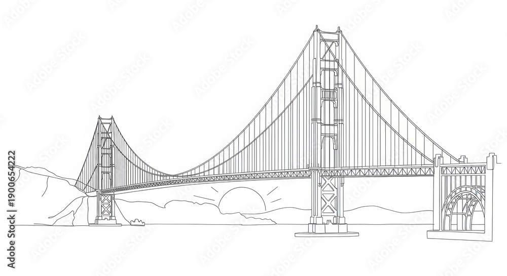 Obraz premium Iconic suspension bridge line art sketch, architectural landmark drawing