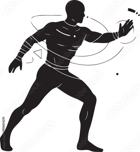 Dynamic silhouette of a muscular man in action pose with abstract geometric shapes, suggesting athleticism and cutting-edge performance
