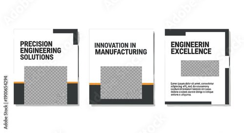 Three corporate flyer brochure layouts with text and image placeholders