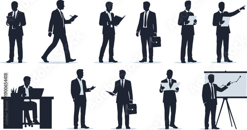 Silhouette business professionals in suits performing office tasks, presenting, discussing, reading documents, walking, laptop work, corporate teamwork