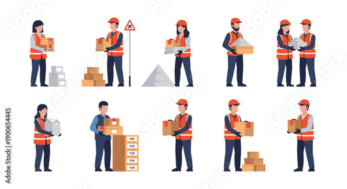 Workers in safety vests carrying boxes and construction materials