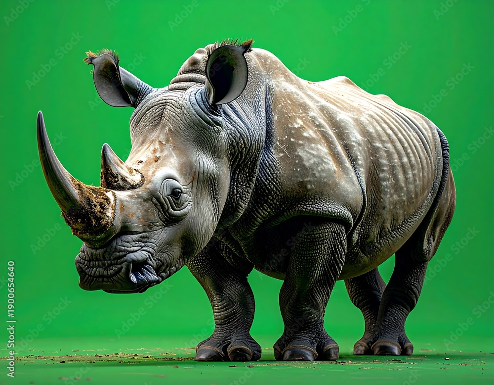 Fototapeta premium Large rhino stands against vibrant green background, side view