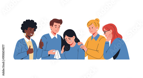 Diverse group comforting sad crying woman with empathy and support