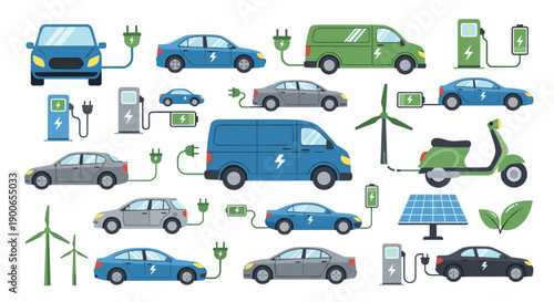 Electric vehicles charging at stations with renewable energy symbols