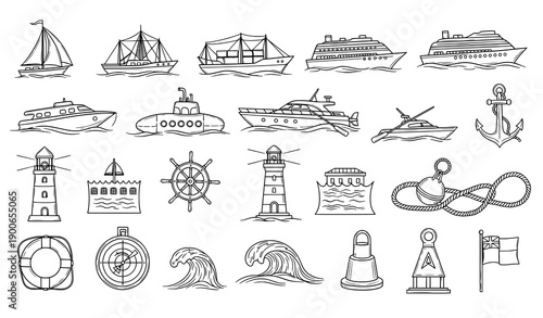 Hand drawn ships and boats icons sketch style black and white nautical vector set