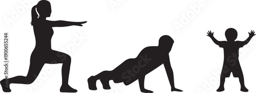 Collection of black silhouettes showing family members performing different exercises including lunges pushups and baby reaches