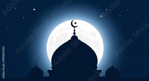 Mosque Silhouette with Crescent Moon on Dome under Full Moon Night Sky