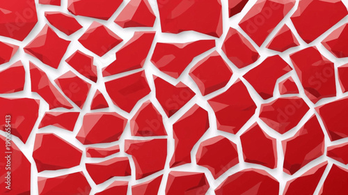 A vibrant red abstract background featuring a mosaic pattern of irregular shattered pieces with white gaps.