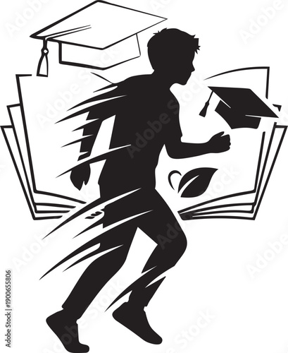 A silhouette of a student running with graduation caps and books, symbolizing the pursuit of knowledge and academic success