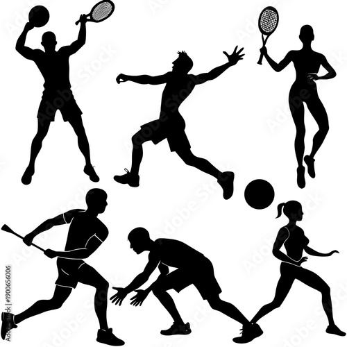 Badminton and Sports Silhouette Action Set on White Background